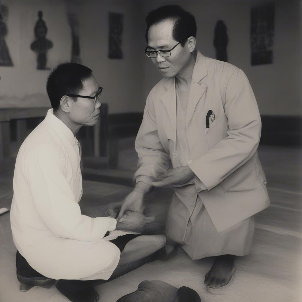 Bác Sỹ Khương Nhà Thờ Búng: Hình ảnh Bác Sỹ Khương đang khám bệnh cho người dân tại nhà thờ Búng.