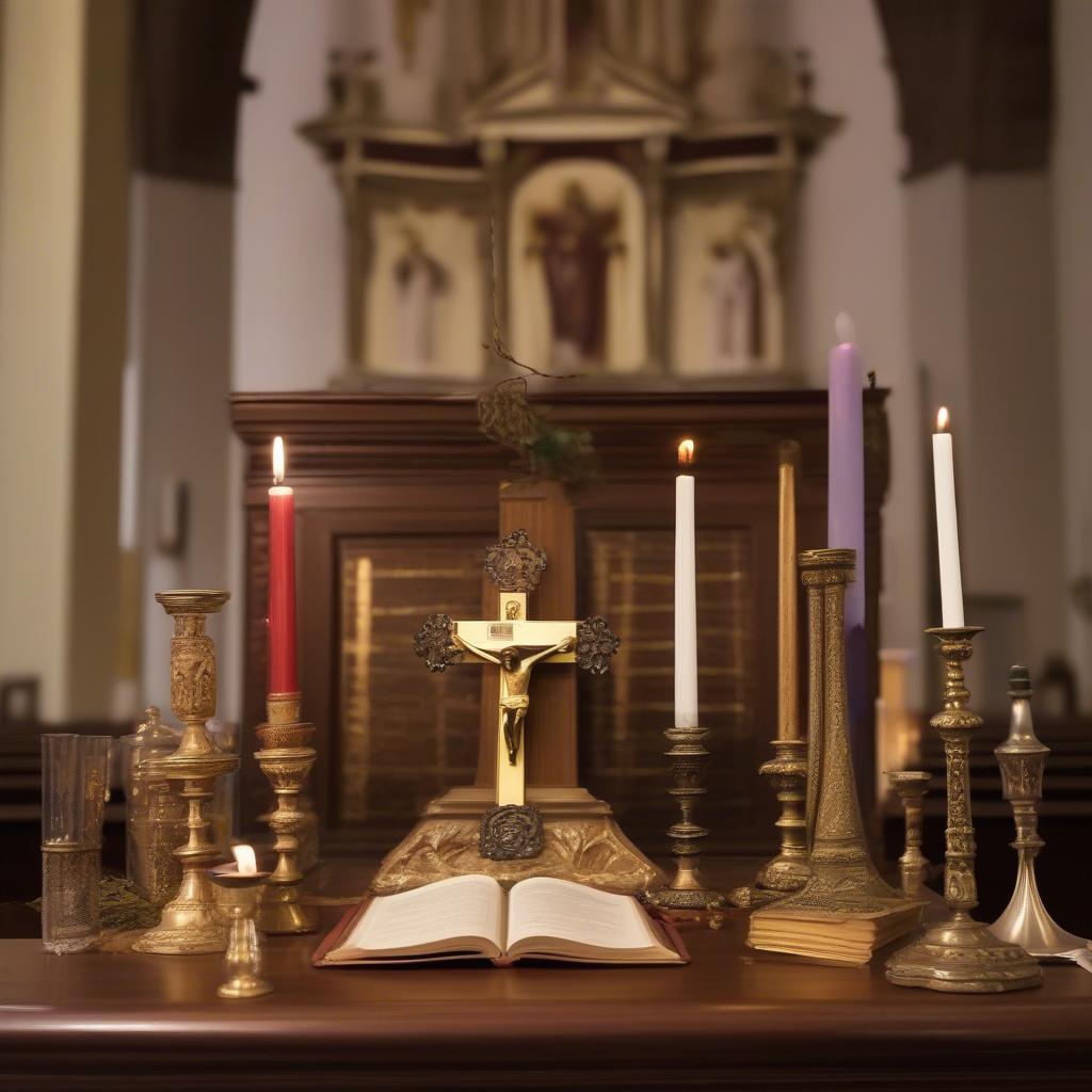 Essential elements on the altar of the Catholic church