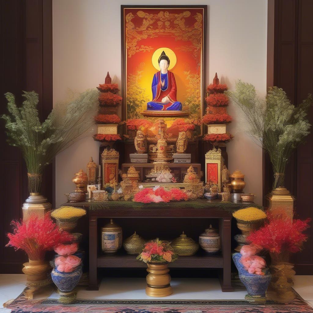 Bàn thờ ngũ tự đẹp, trang nghiêm trong không gian thờ cúng gia đình.