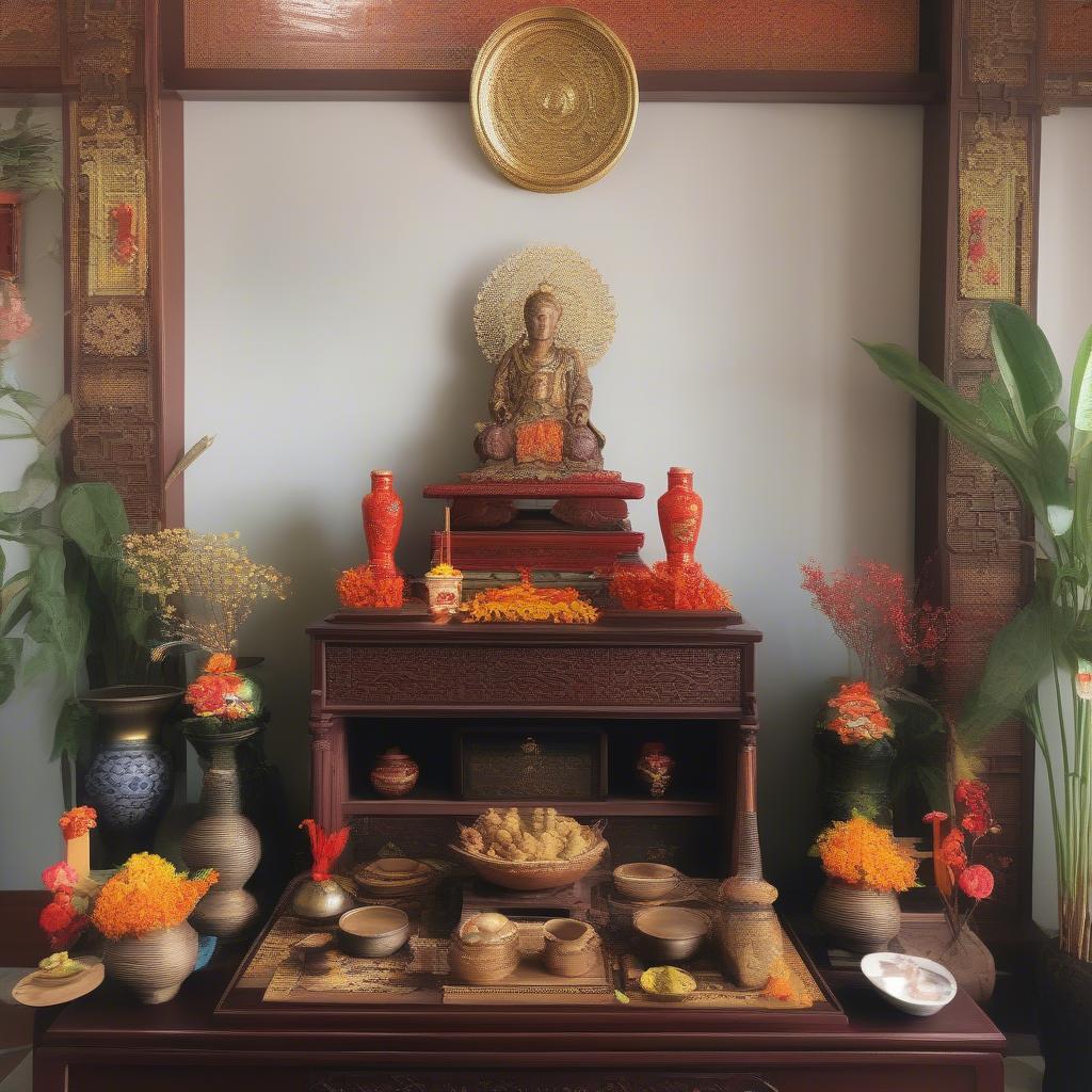 Hình ảnh bàn thờ ngũ tự truyền thống trong gia đình Việt, thể hiện nét đẹp văn hóa tâm linh.
