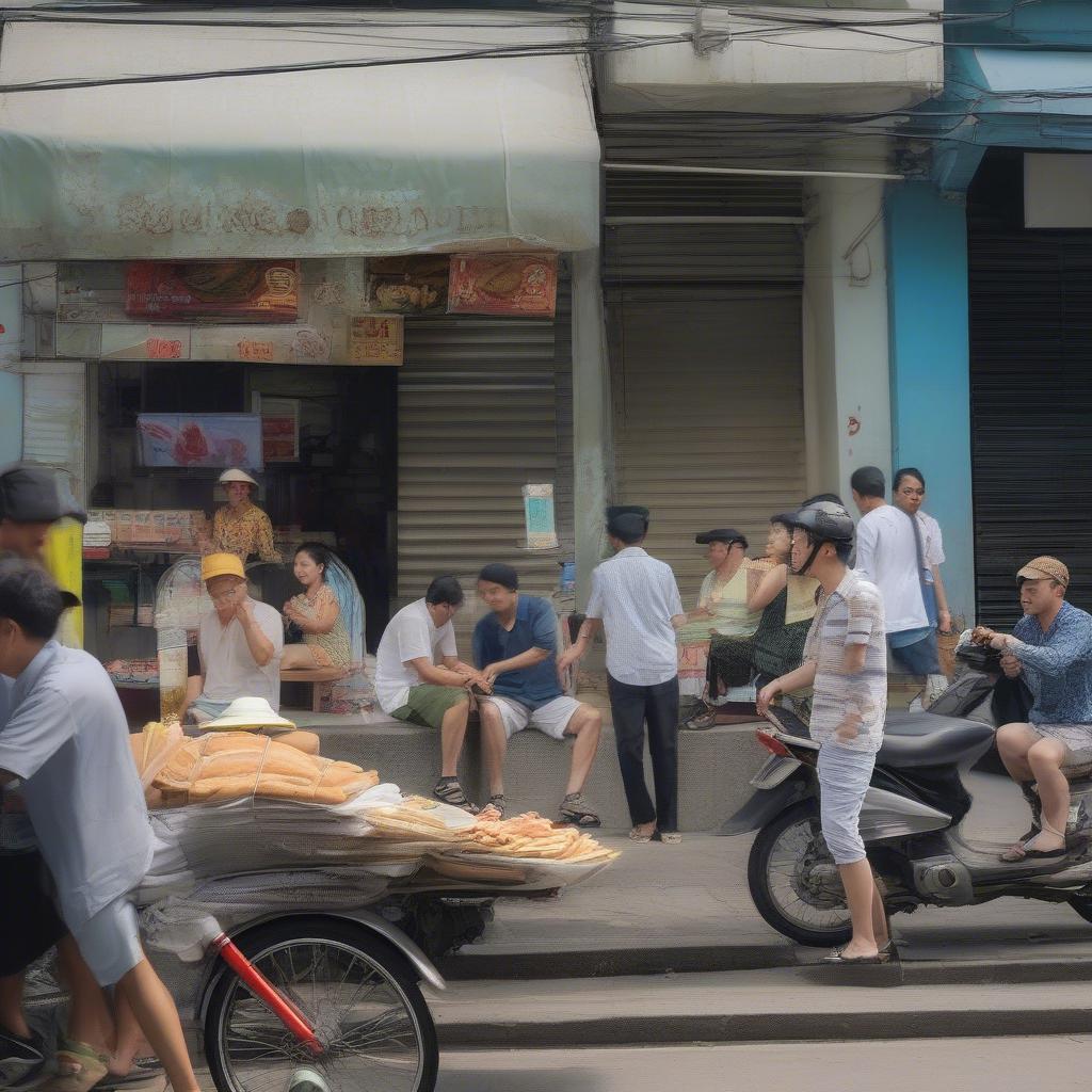 Bánh mì Sài Gòn và văn hóa đường phố: Hình ảnh người dân Sài Gòn thưởng thức bánh mì trên vỉa hè, thể hiện nét văn hóa đường phố đặc trưng.