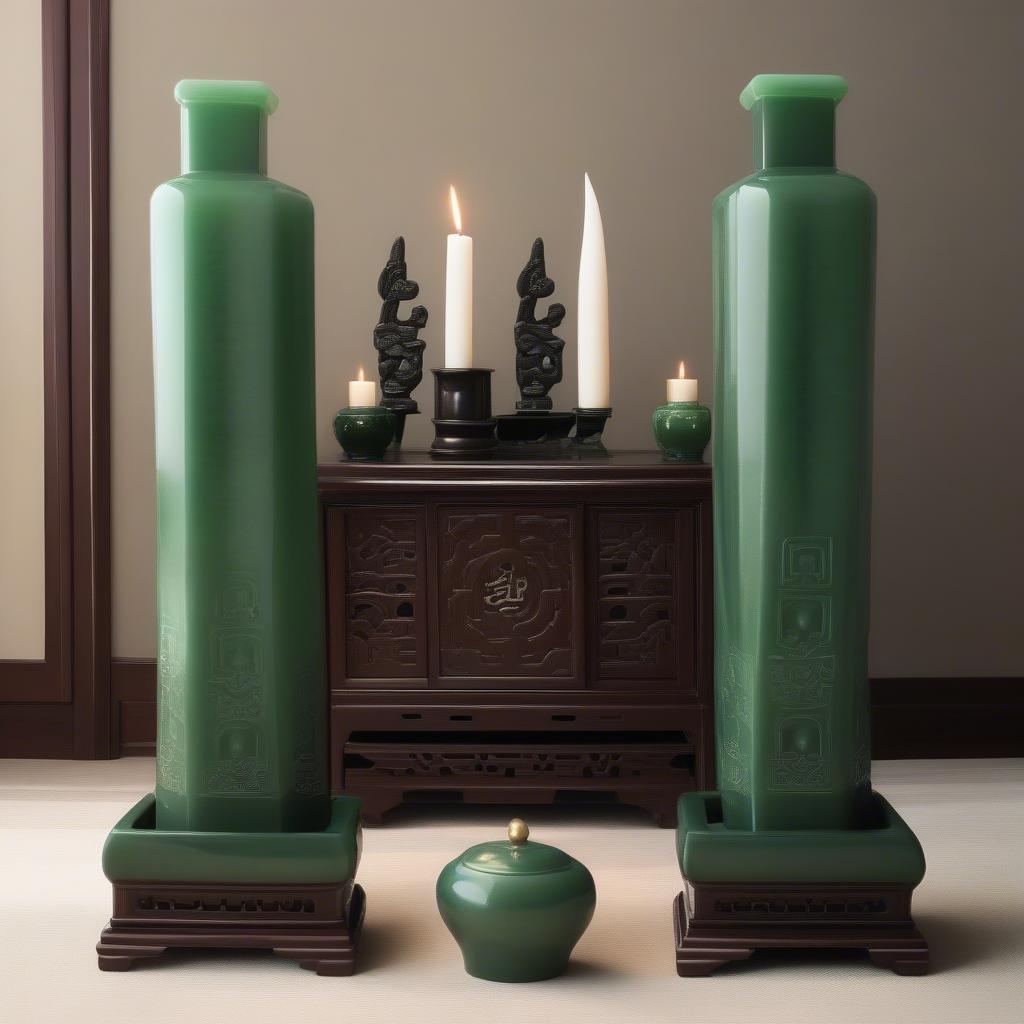 Bộ đồ thờ men ngọc sang trọng đặt trên bàn thờ gia tiên
