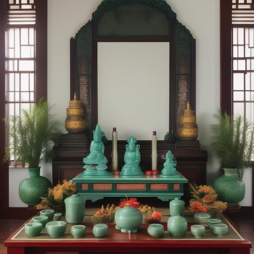 Bộ đồ thờ men ngọc được bài trí trang trọng trên bàn thờ gia tiên