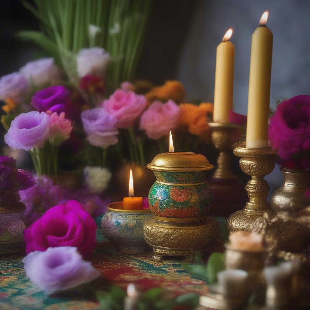 Meaningful arrangement of lisianthus flowers on the ancestral altar