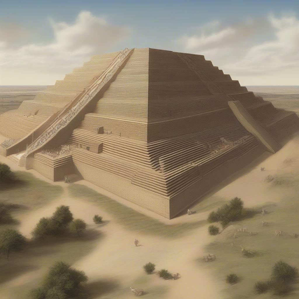 Đền Tháp Ziggurat Babylon: Hình ảnh tái hiện đền tháp Ziggurat với kiến trúc bậc thang đồ sộ.