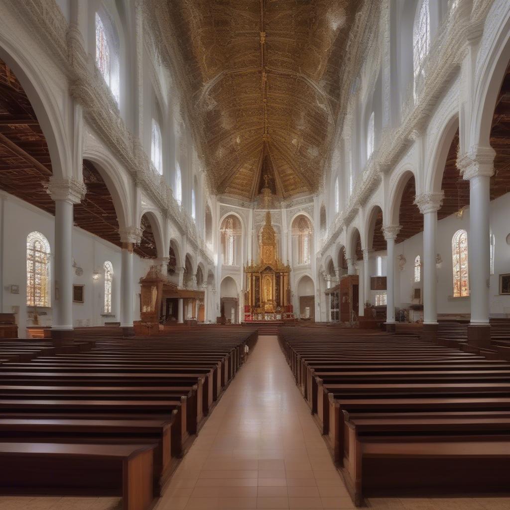 The spacious interior of Ke Sat Church