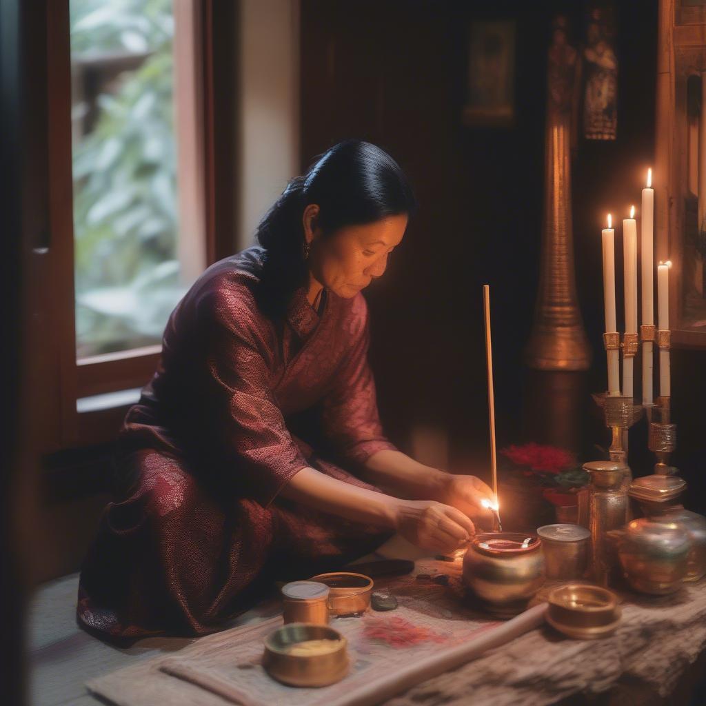 Người phụ nữ đang thành tâm thắp hương trên bàn thờ gia tiên