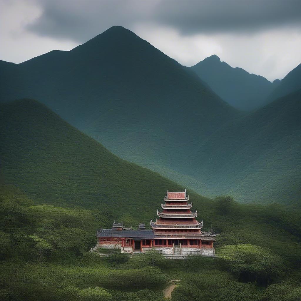 Miếu thờ trên đèo Cù Mông nhìn từ xa, ẩn mình giữa khung cảnh hùng vĩ của núi rừng và mây trời.