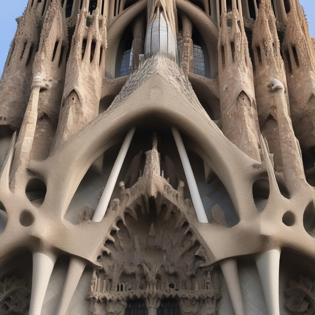 Mặt tiền chính của nhà thờ Antoni Gaudí La Sagrada Familia với những tháp chuông cao vút và các chi tiết điêu khắc tinh xảo.