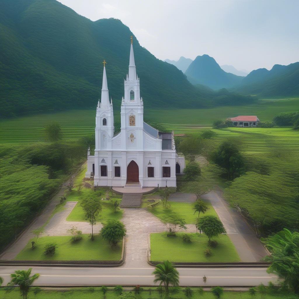 Toàn cảnh Nhà thờ Bản Lìm Lạng Sơn với kiến trúc Gothic cổ kính, nằm giữa khung cảnh thiên nhiên hùng vĩ.