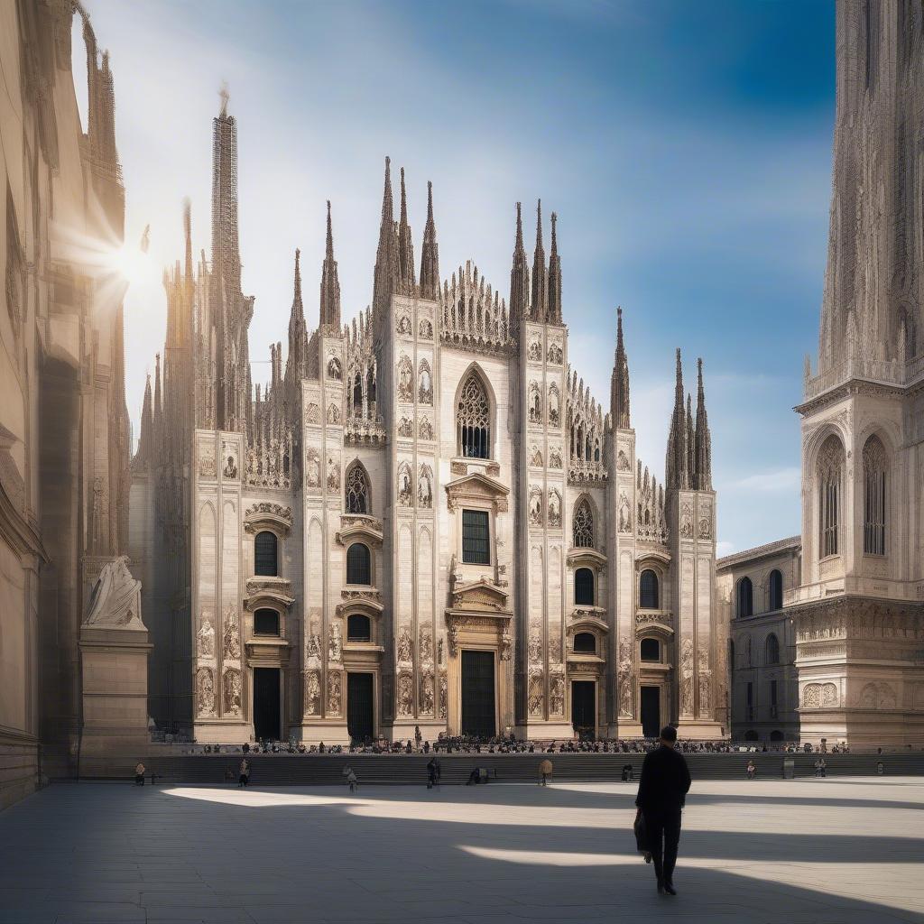 Toàn cảnh nhà thờ Duomo Milano lộng lẫy dưới ánh nắng ban mai