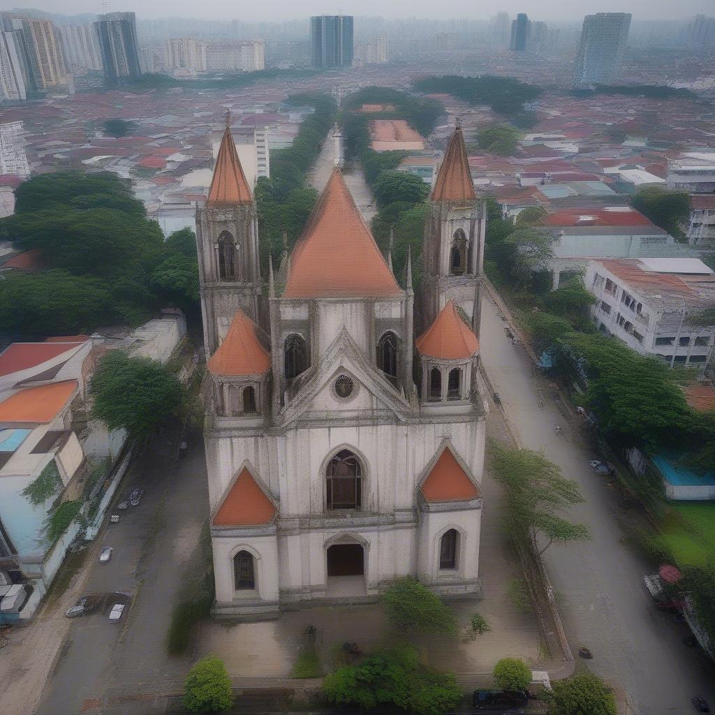 Không gian xung quanh Nhà thờ Lớn Hà Nội được chụp từ flycam, cho thấy sự hòa quyện giữa kiến trúc cổ kính và hiện đại của thành phố