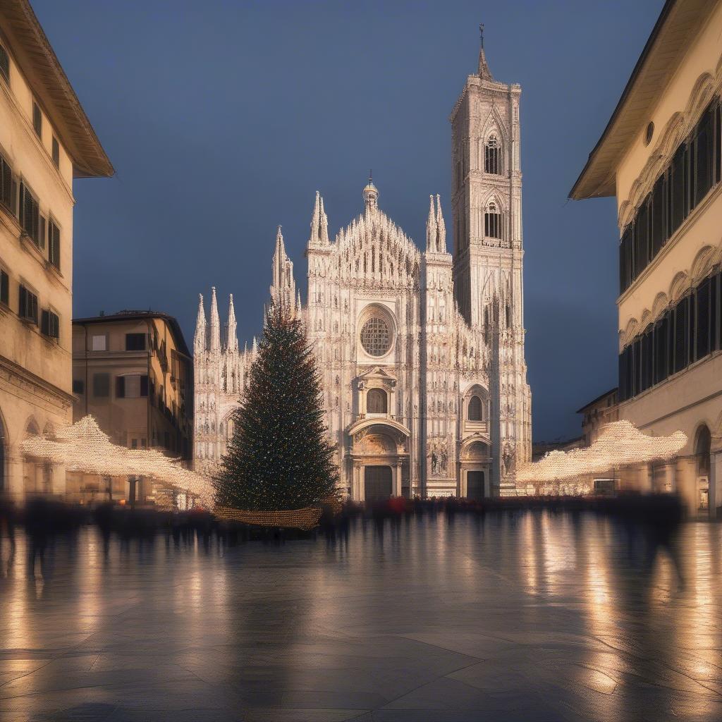 Nhà thờ Milan quảng trường Noel: Toàn cảnh quảng trường Duomo lung linh ánh đèn và cây thông Noel khổng lồ trong đêm Giáng Sinh.