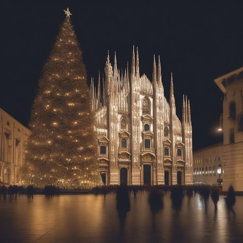 Nhà thờ Milan Ý Noel đêm thánh: Hình ảnh lung linh của Duomo trong ánh đèn đêm Giáng Sinh, với cây thông Noel khổng lồ ở quảng trường.