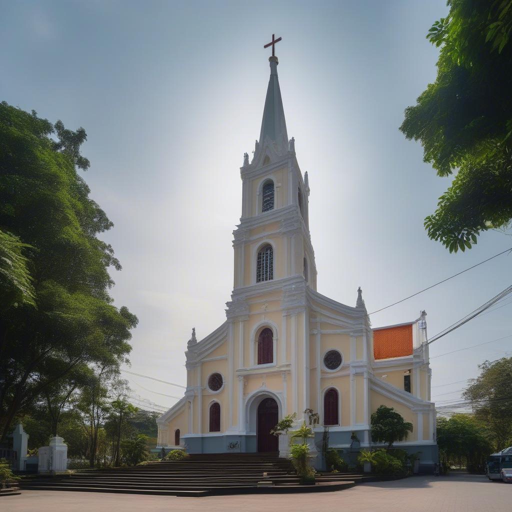 Nhà thờ Vườn Xoài trên đường Lê Văn Sỹ, Sài Gòn - Một góc nhìn tổng quan về kiến trúc và khuôn viên.