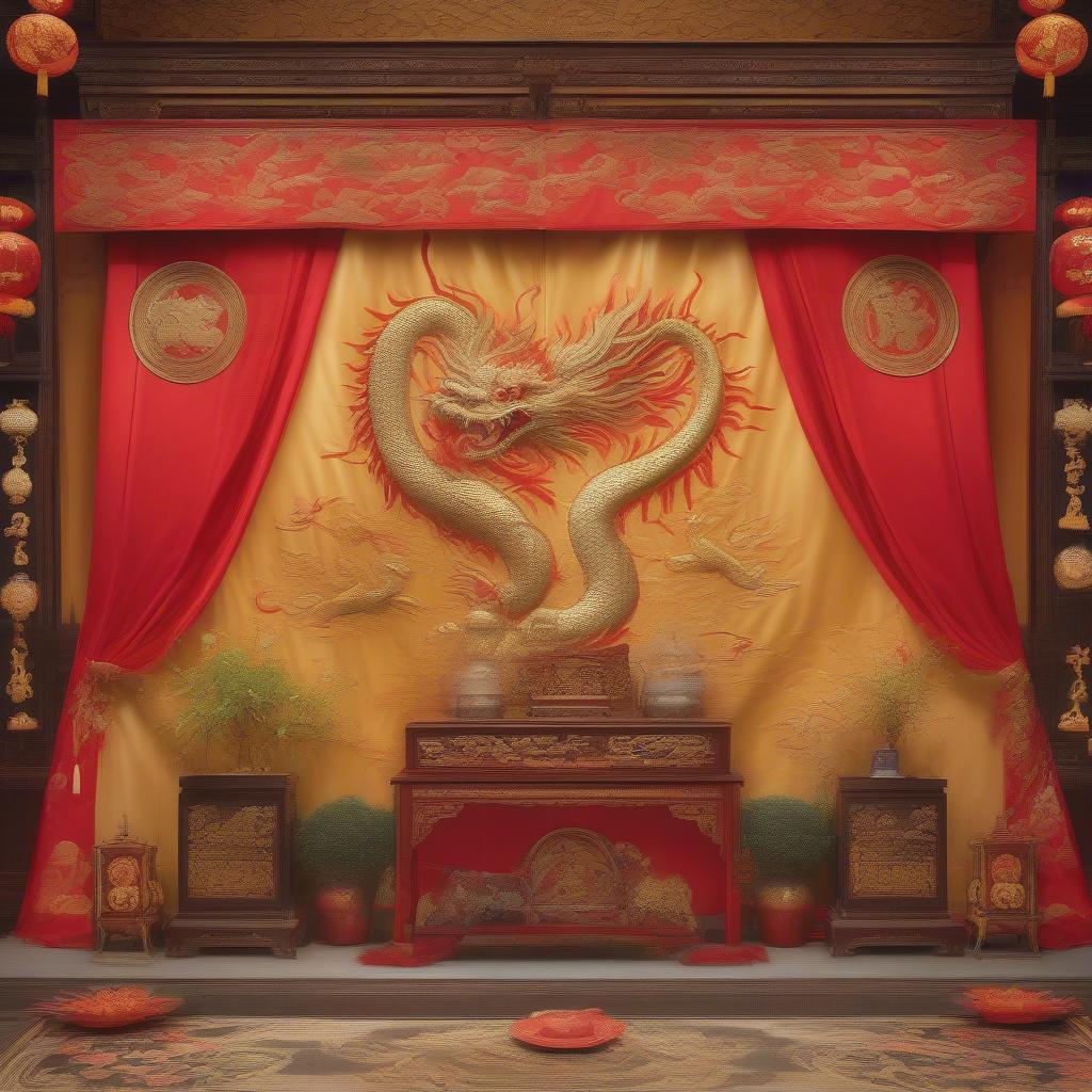 Rèm che bàn thờ màu vàng thêu hình rồng phượng