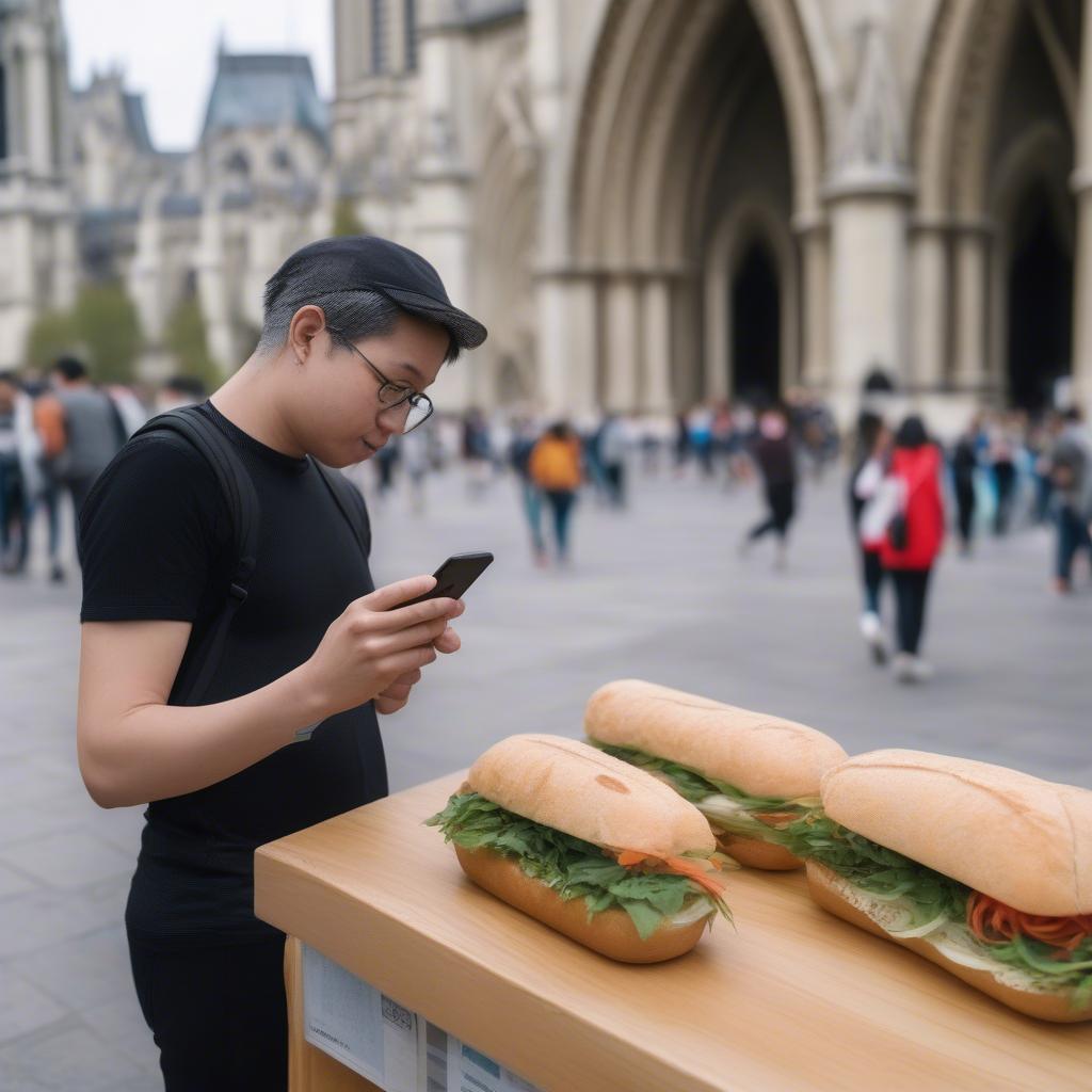 Tìm kiếm bánh mì gần Nhà thờ Đức Bà: Hình ảnh người dùng tìm kiếm thông tin về bánh mì gần Nhà thờ Đức Bà trên điện thoại.